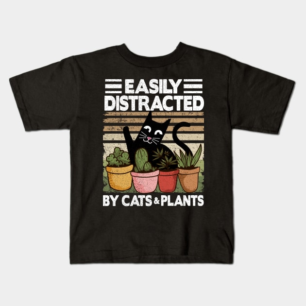 Easily Distracted By Cats & Plants Funny Cat Lover Gardening Gift Kids T-Shirt by Kuehni